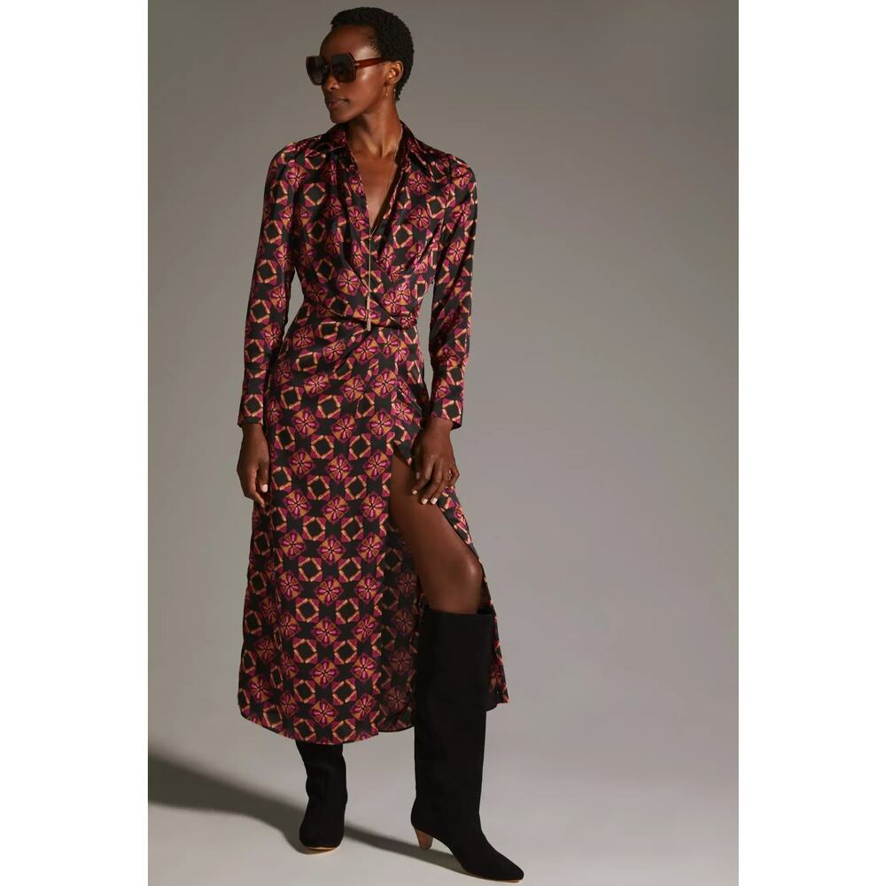 New Anthropologie x MISA Long-Sleeve Geo Wrap Dress $435 MEDIUM Midi Black - Picture 2 of 7